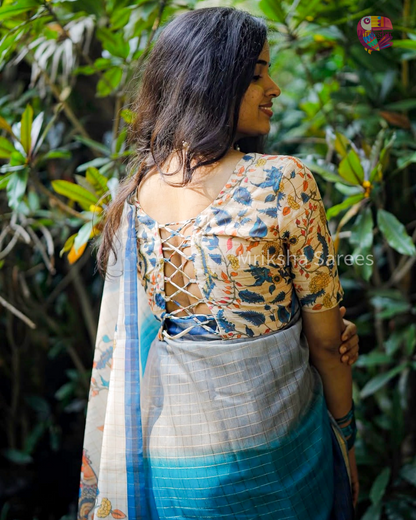 Fancy Cotton Kalamkari & Checks Saree with Floral Printed Blouse – Tri-Gradient Shades (Pink, Violet, Blue)