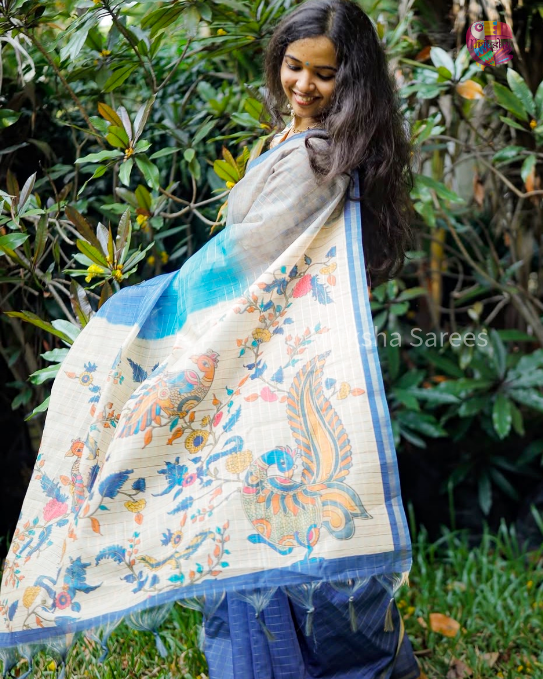 Fancy Cotton Kalamkari & Checks Saree with Floral Printed Blouse – Tri-Gradient Shades (Pink, Violet, Blue)