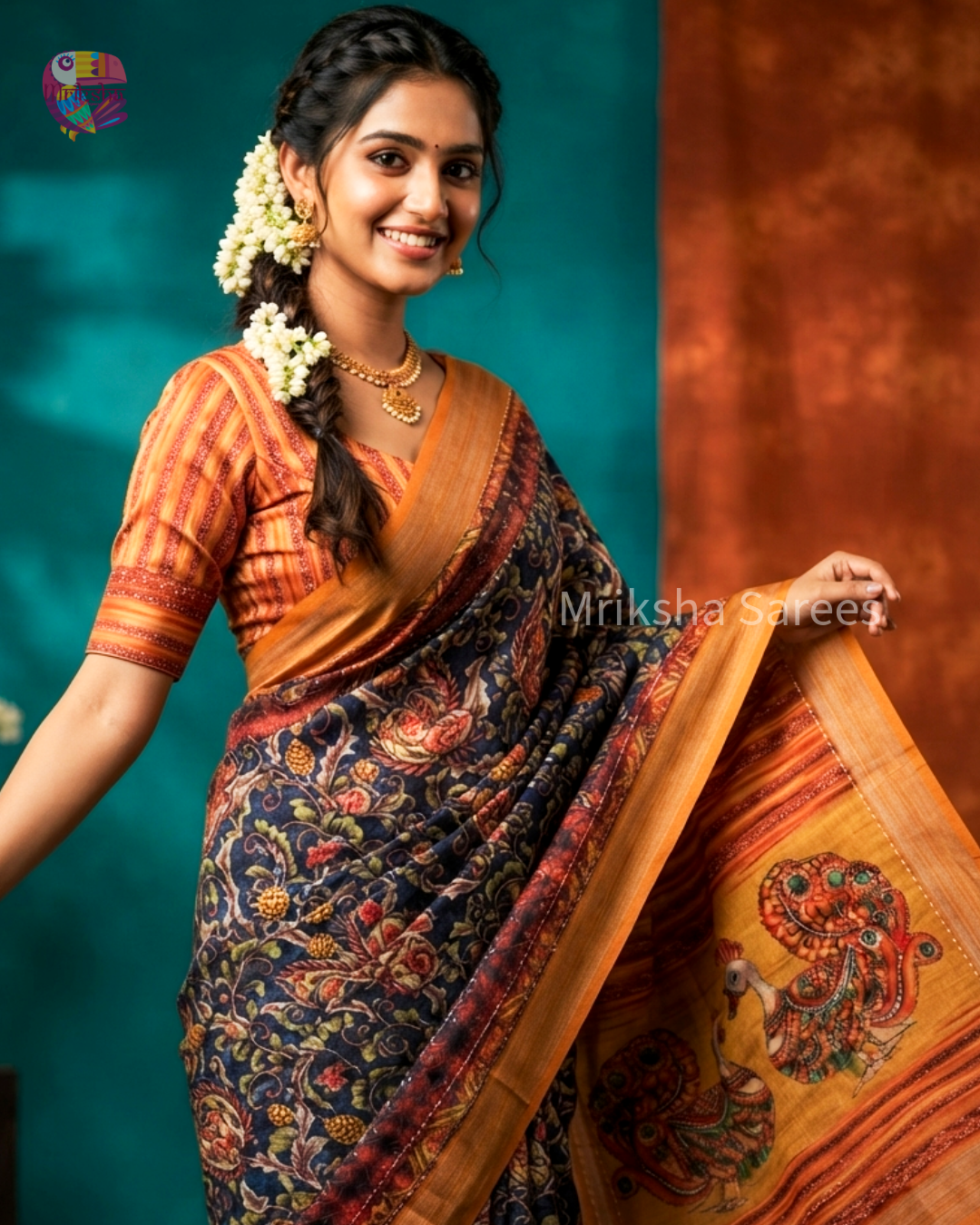 Soft Printed Linen Saree with Kantha Embroidery & Contrast Blouse – Blue & Orange | Mriksha