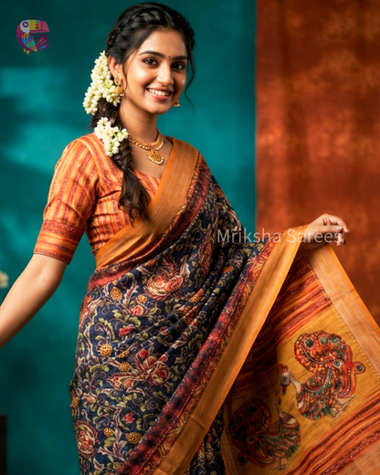 Soft Printed Linen Saree with Kantha Embroidery & Contrast Blouse – Blue & Orange | Mriksha