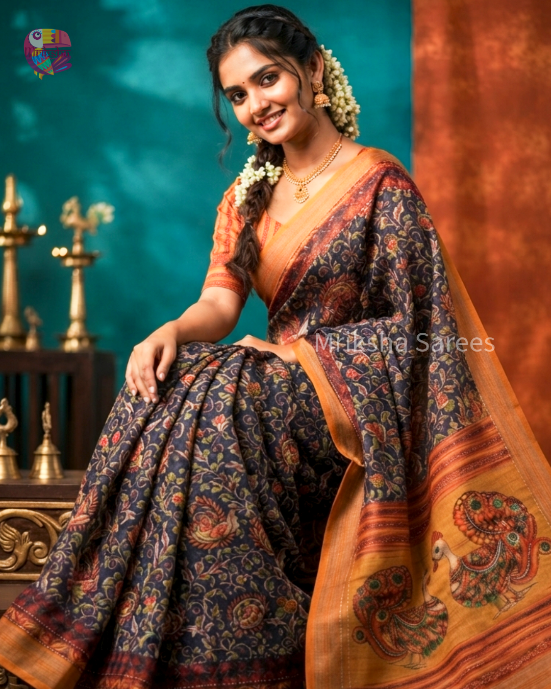 Soft Printed Linen Saree with Kantha Embroidery & Contrast Blouse – Blue & Orange | Mriksha