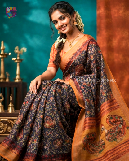 Soft Printed Linen Saree with Kantha Embroidery & Contrast Blouse – Blue & Orange | Mriksha