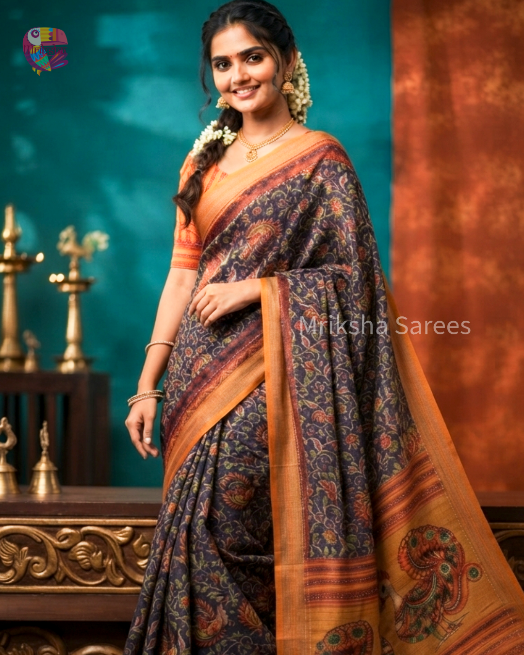 Soft Printed Linen Saree with Kantha Embroidery & Contrast Blouse – Blue & Orange | Mriksha