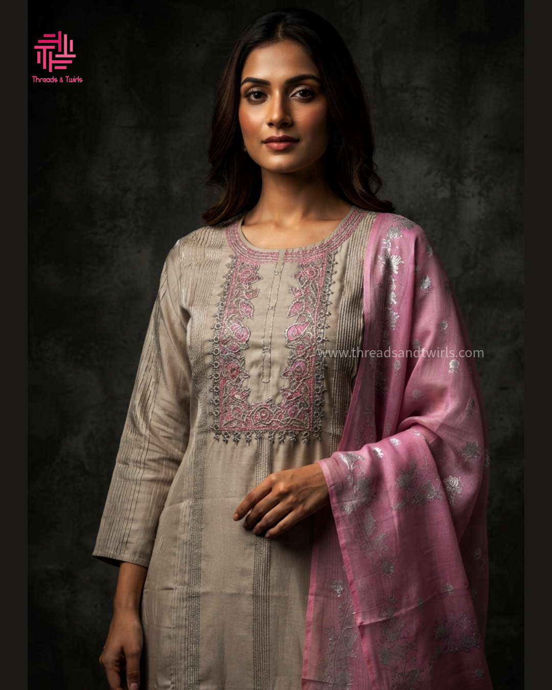 Silver Grey Roman Silk Salwar Suit with Contrast Pink Floral Dupatta & Embroidered Yoke