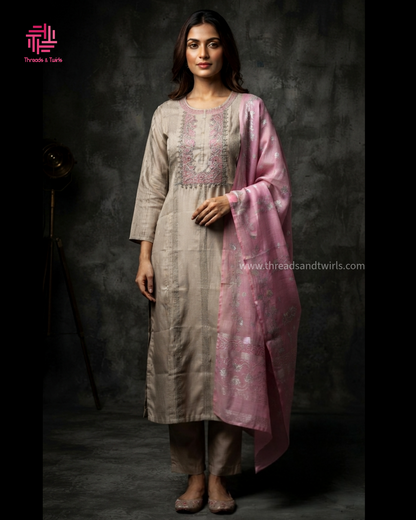 Silver Grey Roman Silk Salwar Suit with Contrast Pink Floral Dupatta & Embroidered Yoke