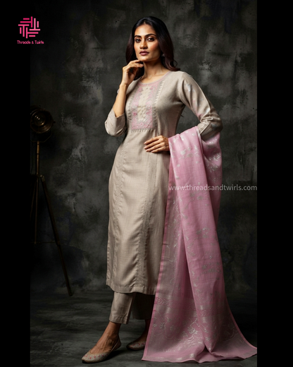 Silver Grey Roman Silk Salwar Suit with Contrast Pink Floral Dupatta & Embroidered Yoke