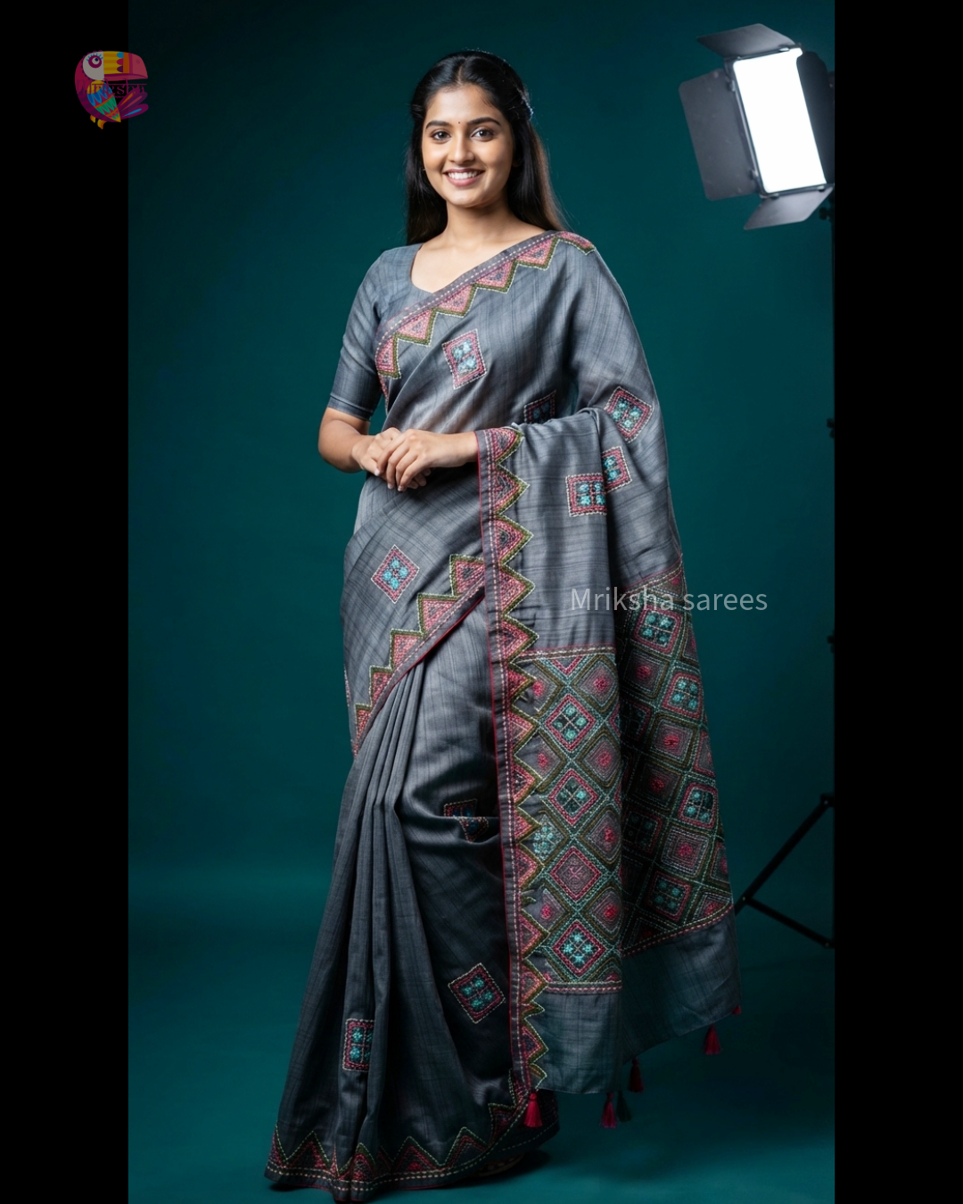 Grey Semi Tussar Silk Saree with Handwoven Lambani Work | Mriksha sarees