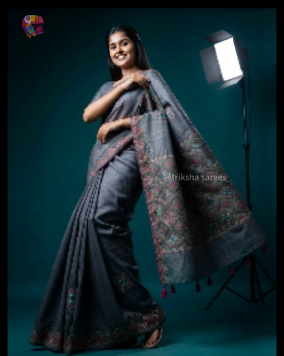 Grey Semi Tussar Silk Saree with Handwoven Lambani Work | Mriksha sarees
