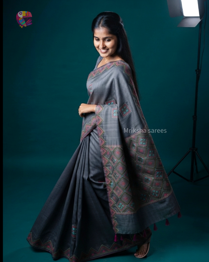 Grey Semi Tussar Silk Saree with Handwoven Lambani Work | Mriksha sarees