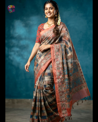Soft Printed Linen Saree with Kantha Embroidery | Multicoloured Checks