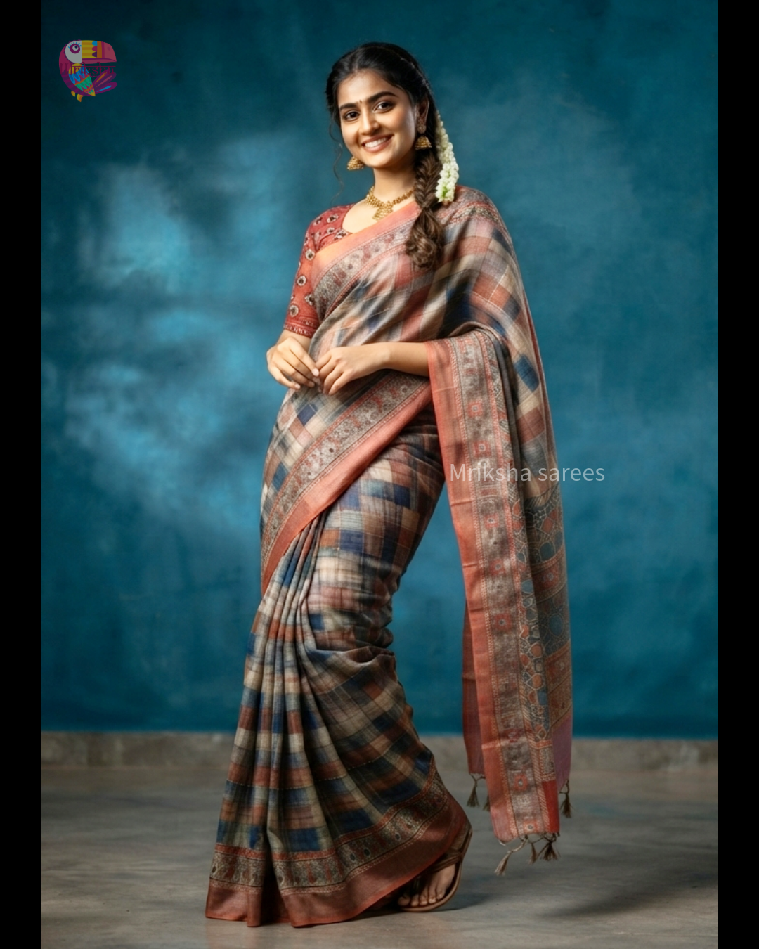 Soft Printed Linen Saree with Kantha Embroidery | Multicoloured Checks
