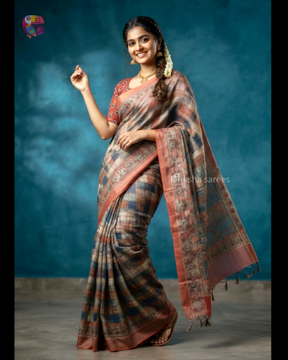 Soft Printed Linen Saree with Kantha Embroidery | Multicoloured Checks