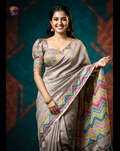 Beige Ghicha Silk Saree with Multicolour Geometric Pallu & Blouse | Mriksha Sarees