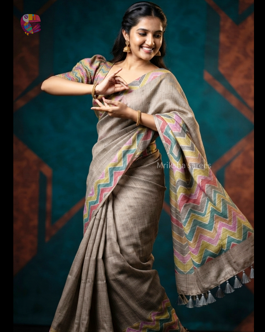 Beige Ghicha Silk Saree with Multicolour Geometric Pallu & Blouse | Mriksha Sarees
