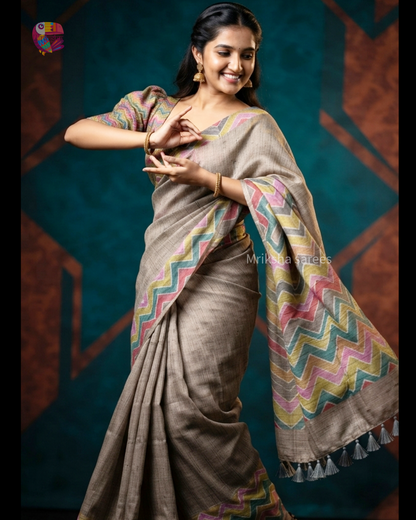 Beige Ghicha Silk Saree with Multicolour Geometric Pallu & Blouse | Mriksha Sarees