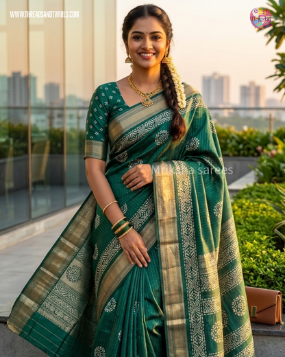 Batik Printed Saree with Kantha Work, Sequins & Zari Border | Mriksha Sarees