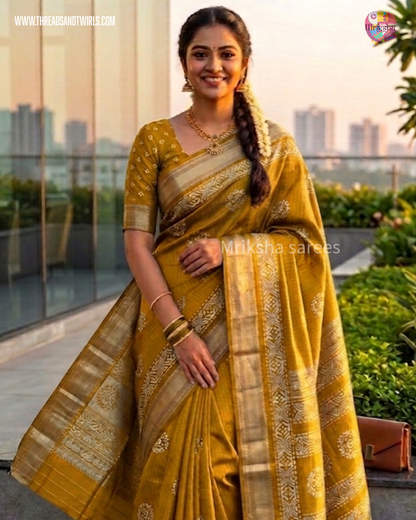 Batik Printed Saree with Kantha Work, Sequins & Zari Border | Mriksha Sarees