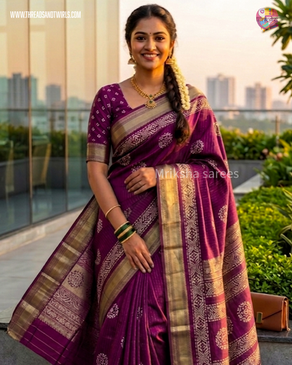Batik Printed Saree with Kantha Work, Sequins & Zari Border | Mriksha Sarees