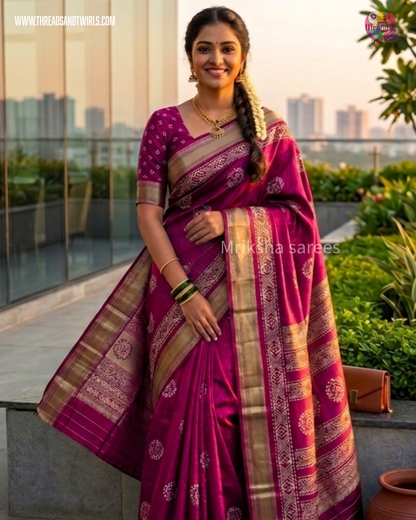 Batik Printed Saree with Kantha Work, Sequins & Zari Border | Mriksha Sarees