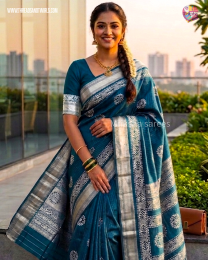 Batik Printed Saree with Kantha Work, Sequins & Zari Border | Mriksha Sarees