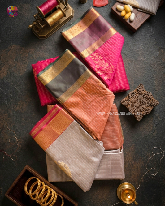 Kancheepuram Semi Silk Saree with Vaira Oosi Pattern & Floral Motifs | Sparkling Silver, Lotus Biscoff Brown & Mulberry Pink | Mriksha Sarees