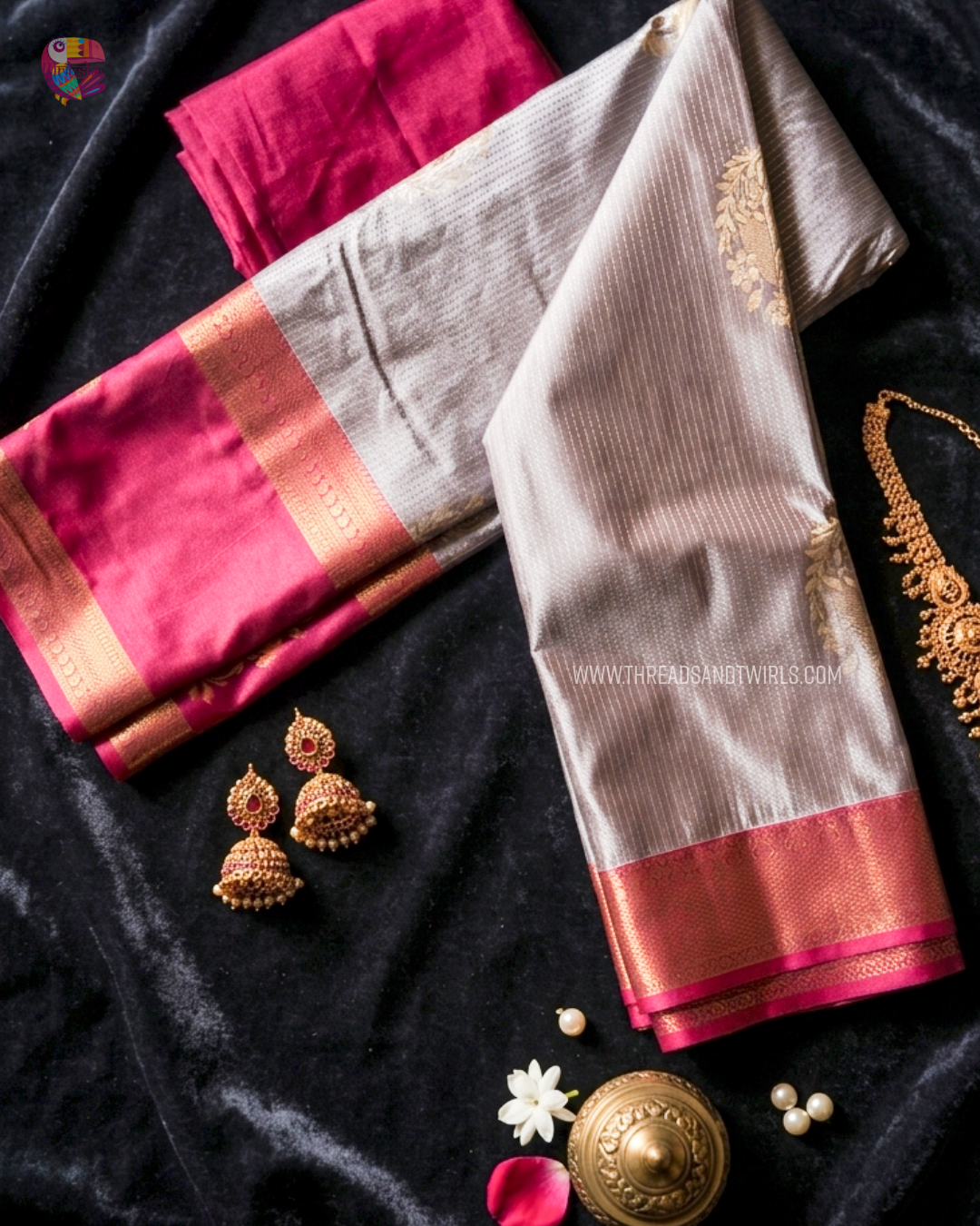 Kancheepuram Semi Silk Saree with Vaira Oosi Pattern & Floral Motifs | Sparkling Silver, Lotus Biscoff Brown & Mulberry Pink | Mriksha Sarees