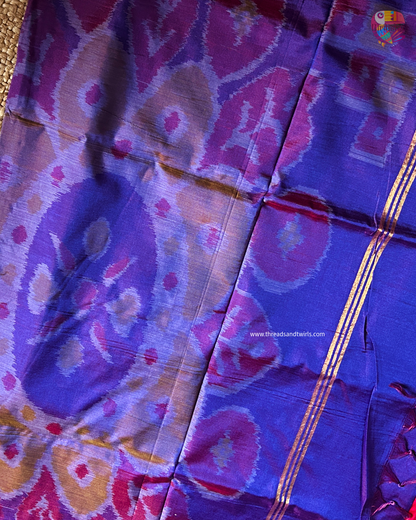 Rani Pink Silk Cotton Ikat Saree with Purple Zari Border & Geometric Motifs | Mriksha Sarees