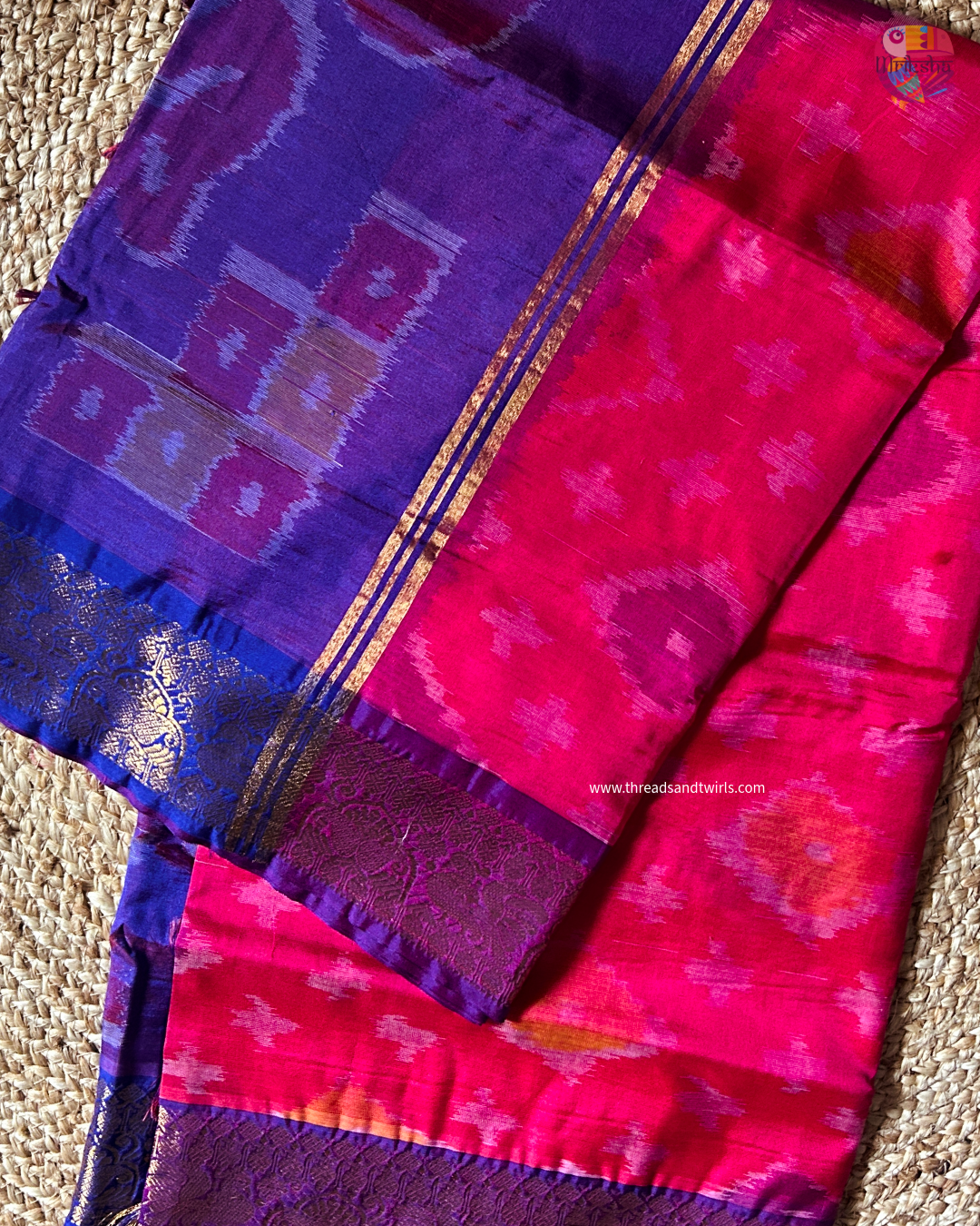 Rani Pink Silk Cotton Ikat Saree with Purple Zari Border & Geometric Motifs | Mriksha Sarees