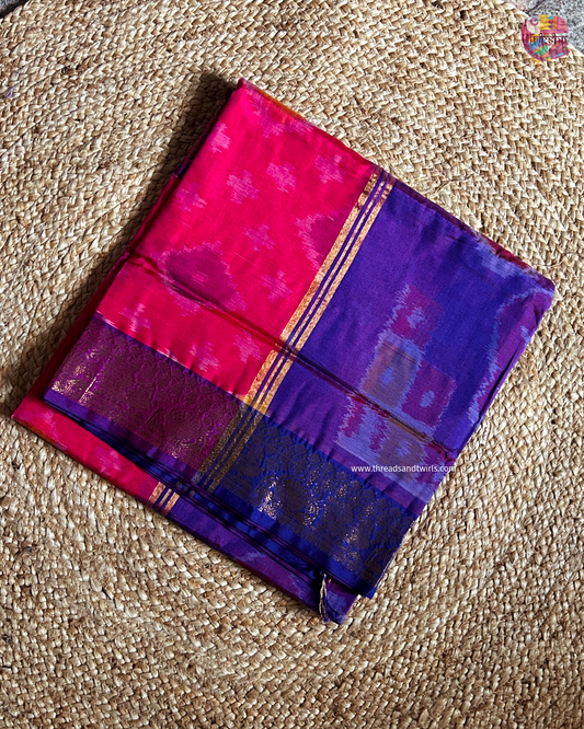 Rani Pink Silk Cotton Ikat Saree with Purple Zari Border & Geometric Motifs | Mriksha Sarees