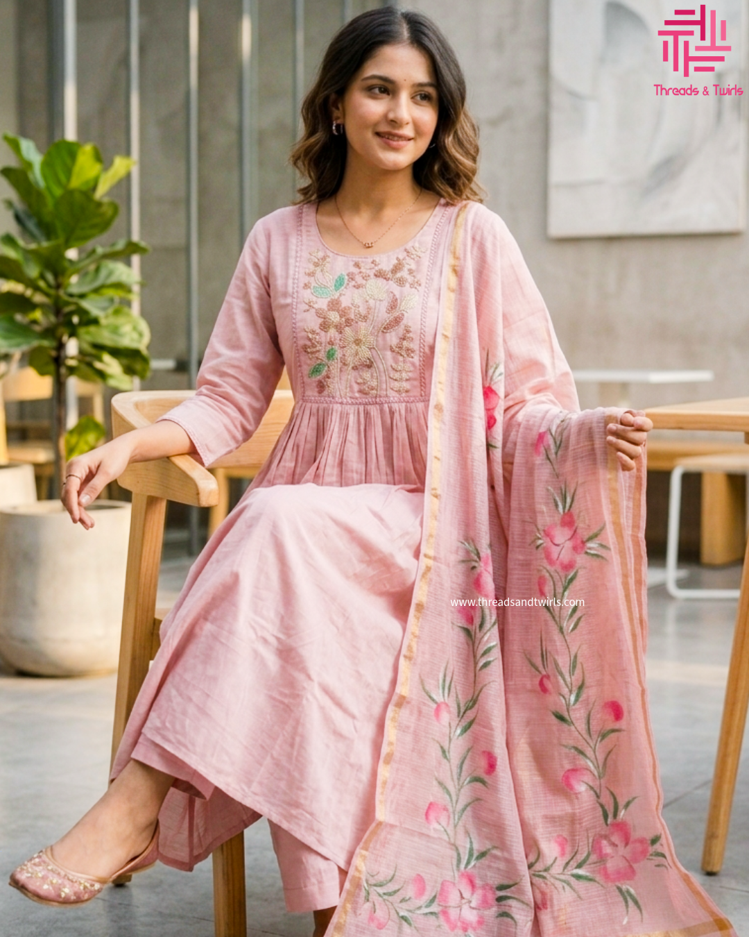 Baby Pink Mul Chanderi A-Line Salwar Suit with Floral Kota Dupatta | Threads & Twirls