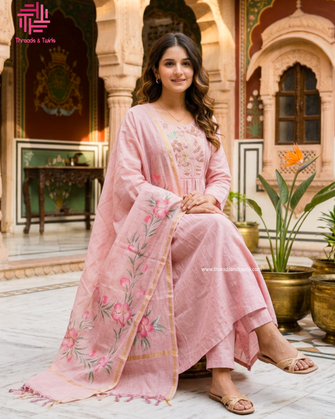 Baby Pink Mul Chanderi A-Line Salwar Suit with Floral Kota Dupatta | Threads & Twirls
