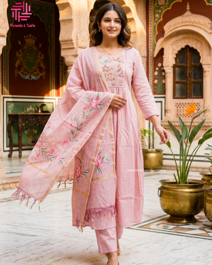 Baby Pink Mul Chanderi A-Line Salwar Suit with Floral Kota Dupatta | Threads & Twirls