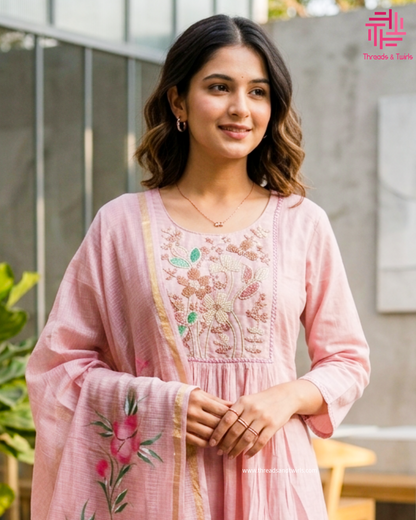 Baby Pink Mul Chanderi A-Line Salwar Suit with Floral Kota Dupatta | Threads & Twirls