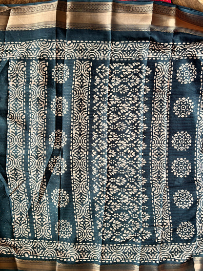 Batik Printed Saree with Kantha Work, Sequins & Zari Border | Mriksha Sarees
