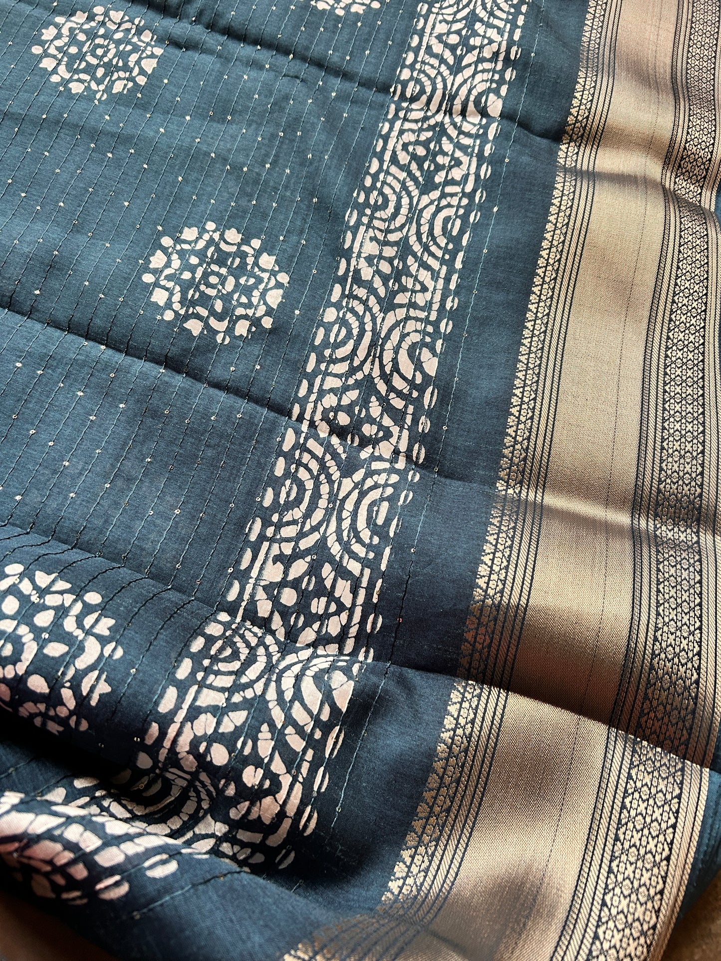 Batik Printed Saree with Kantha Work, Sequins & Zari Border | Mriksha Sarees