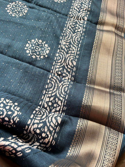 Batik Printed Saree with Kantha Work, Sequins & Zari Border | Mriksha Sarees