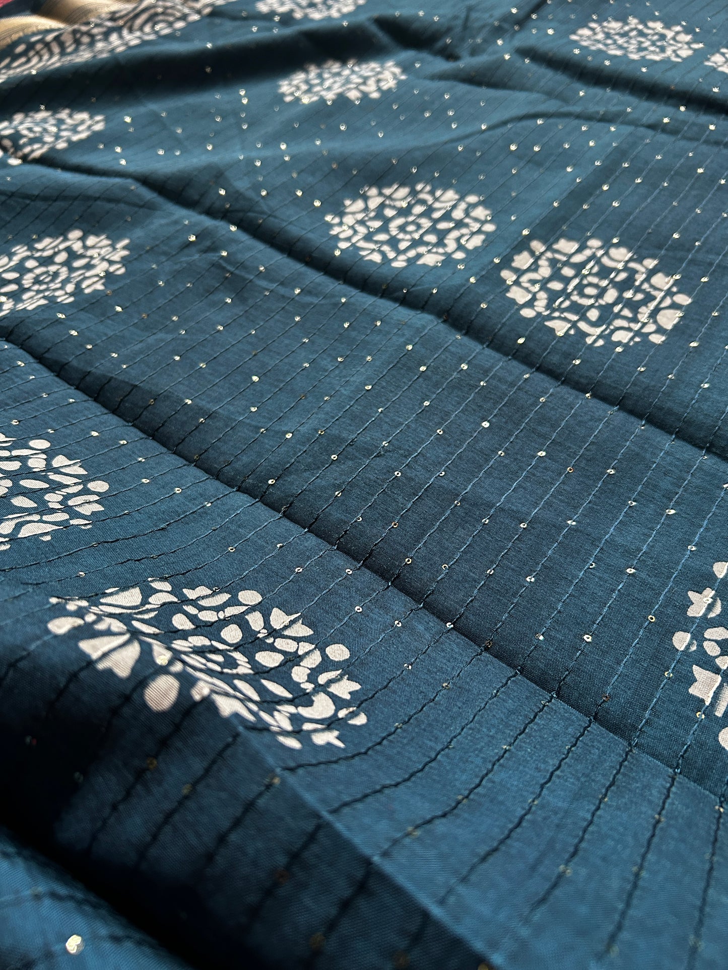 Batik Printed Saree with Kantha Work, Sequins & Zari Border | Mriksha Sarees