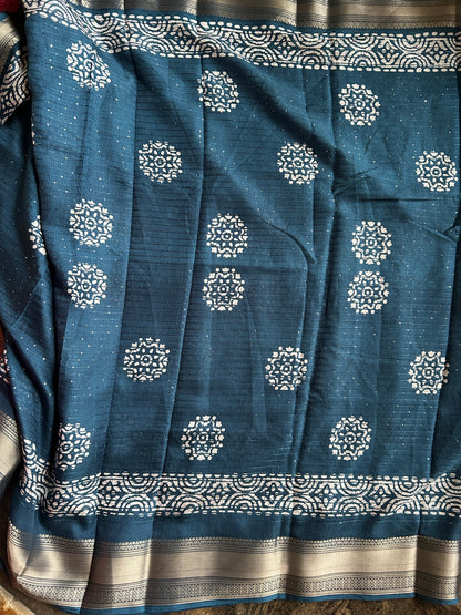 Batik Printed Saree with Kantha Work, Sequins & Zari Border | Mriksha Sarees