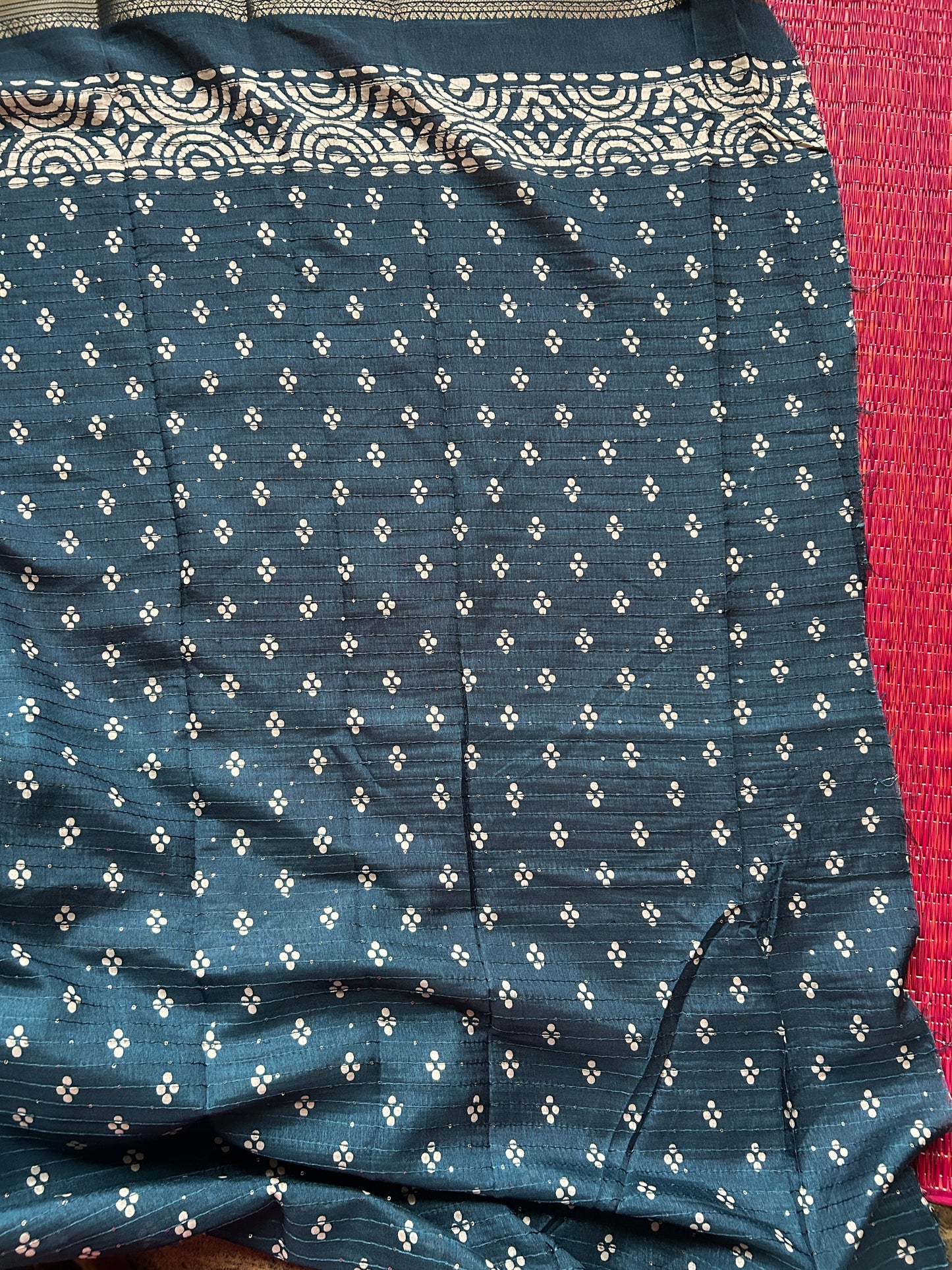 Batik Printed Saree with Kantha Work, Sequins & Zari Border | Mriksha Sarees