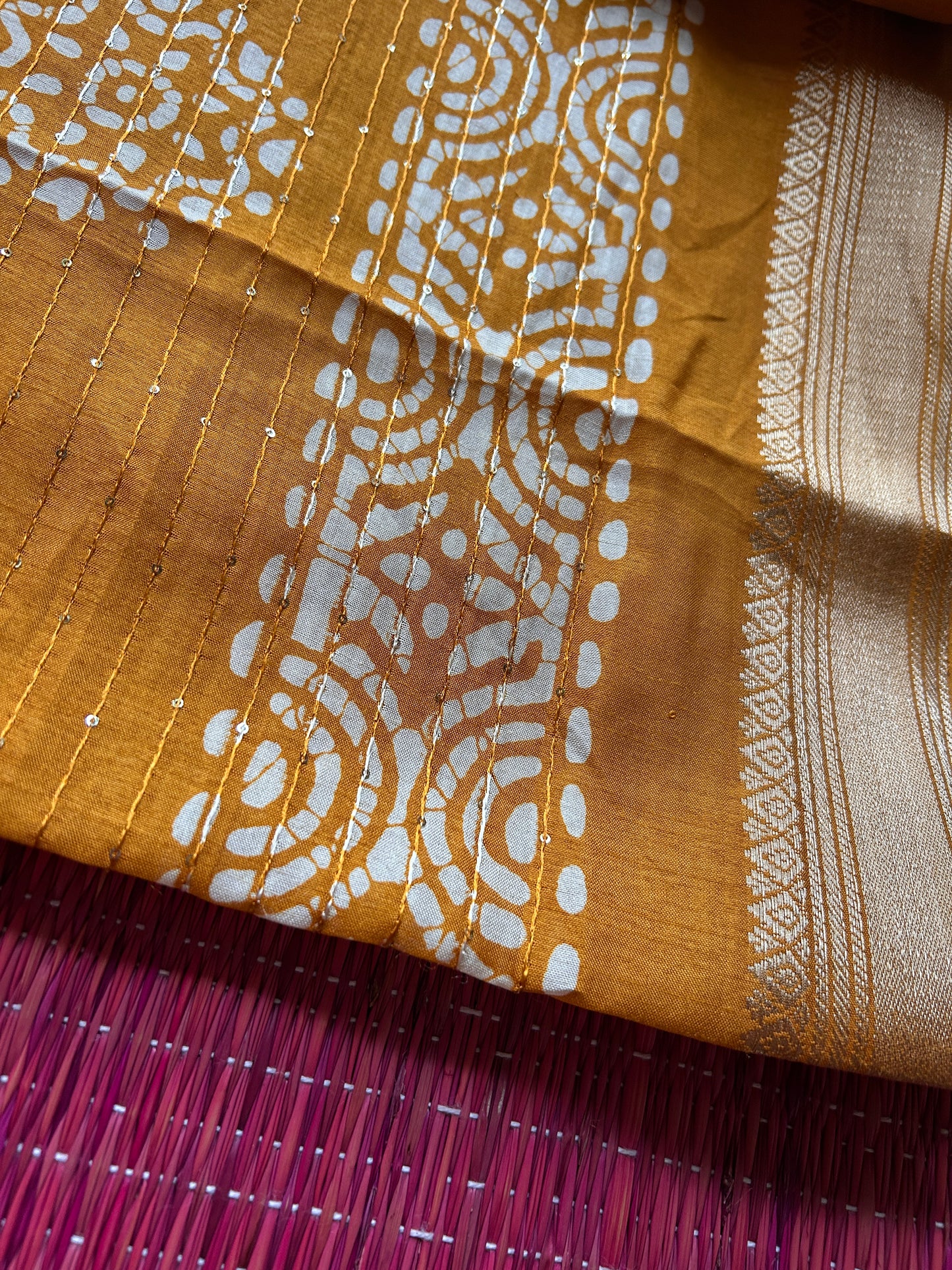Batik Printed Saree with Kantha Work, Sequins & Zari Border | Mriksha Sarees