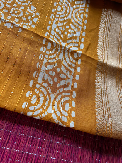 Batik Printed Saree with Kantha Work, Sequins & Zari Border | Mriksha Sarees