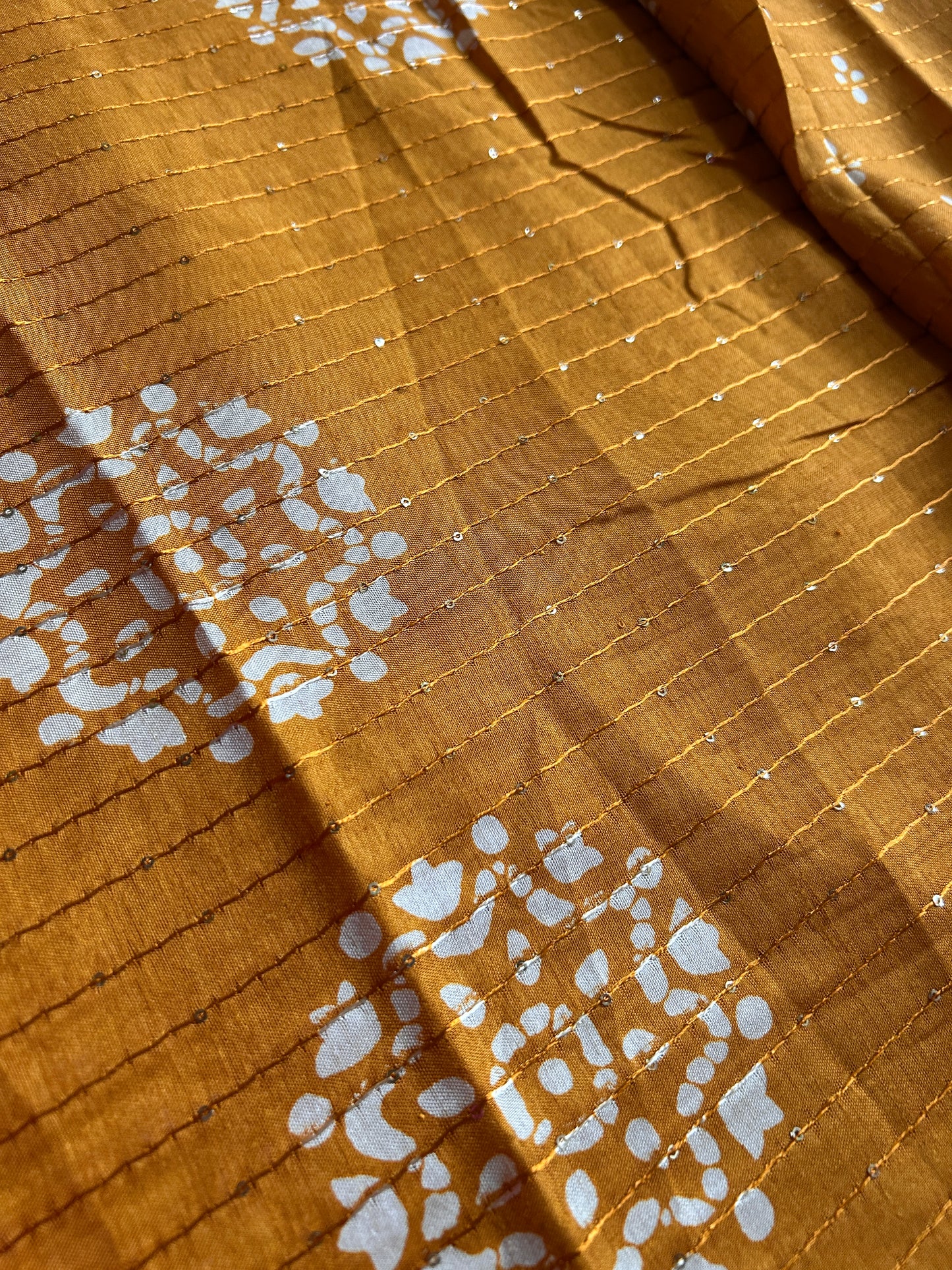 Batik Printed Saree with Kantha Work, Sequins & Zari Border | Mriksha Sarees