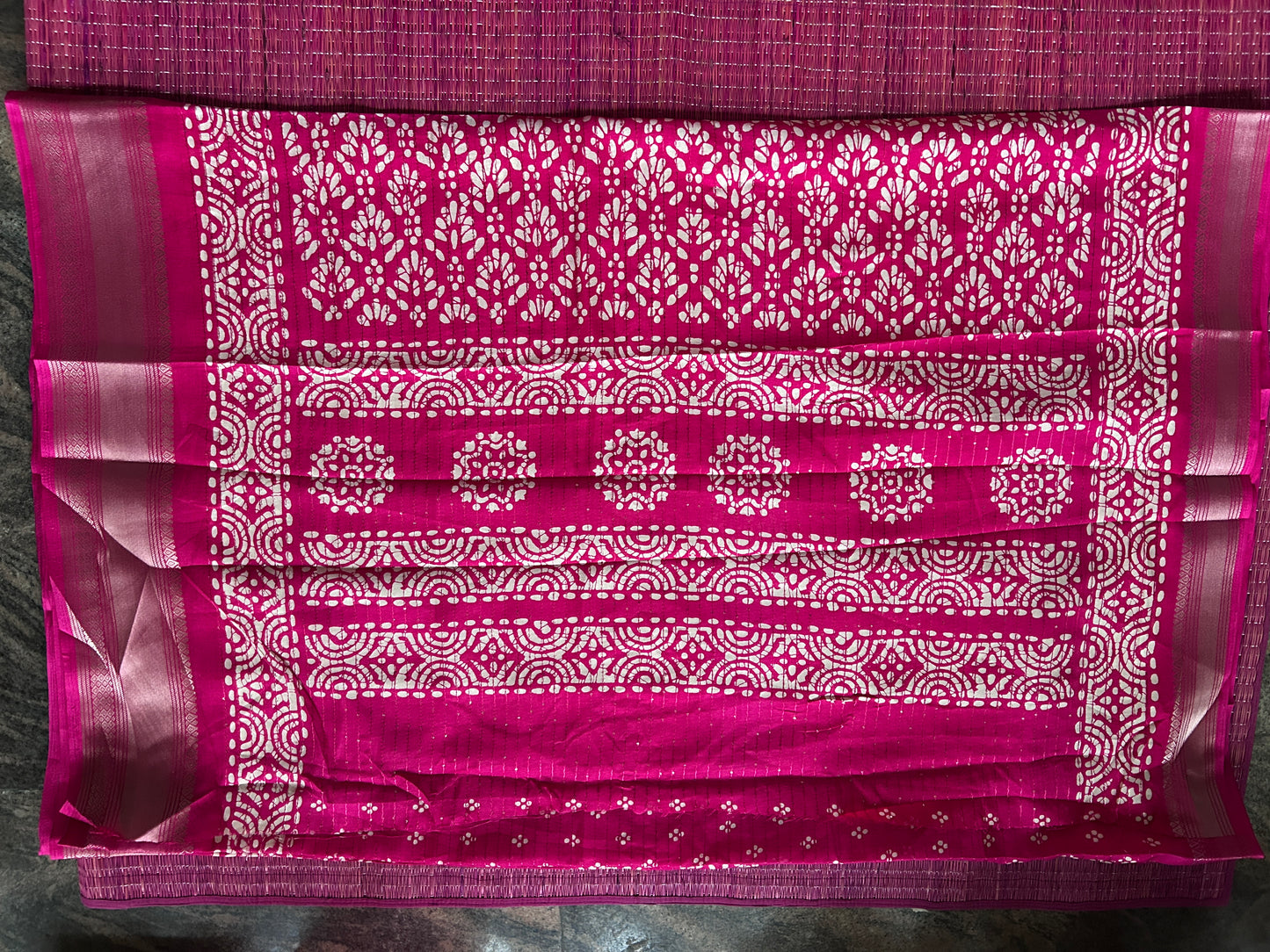 Batik Printed Saree with Kantha Work, Sequins & Zari Border | Mriksha Sarees