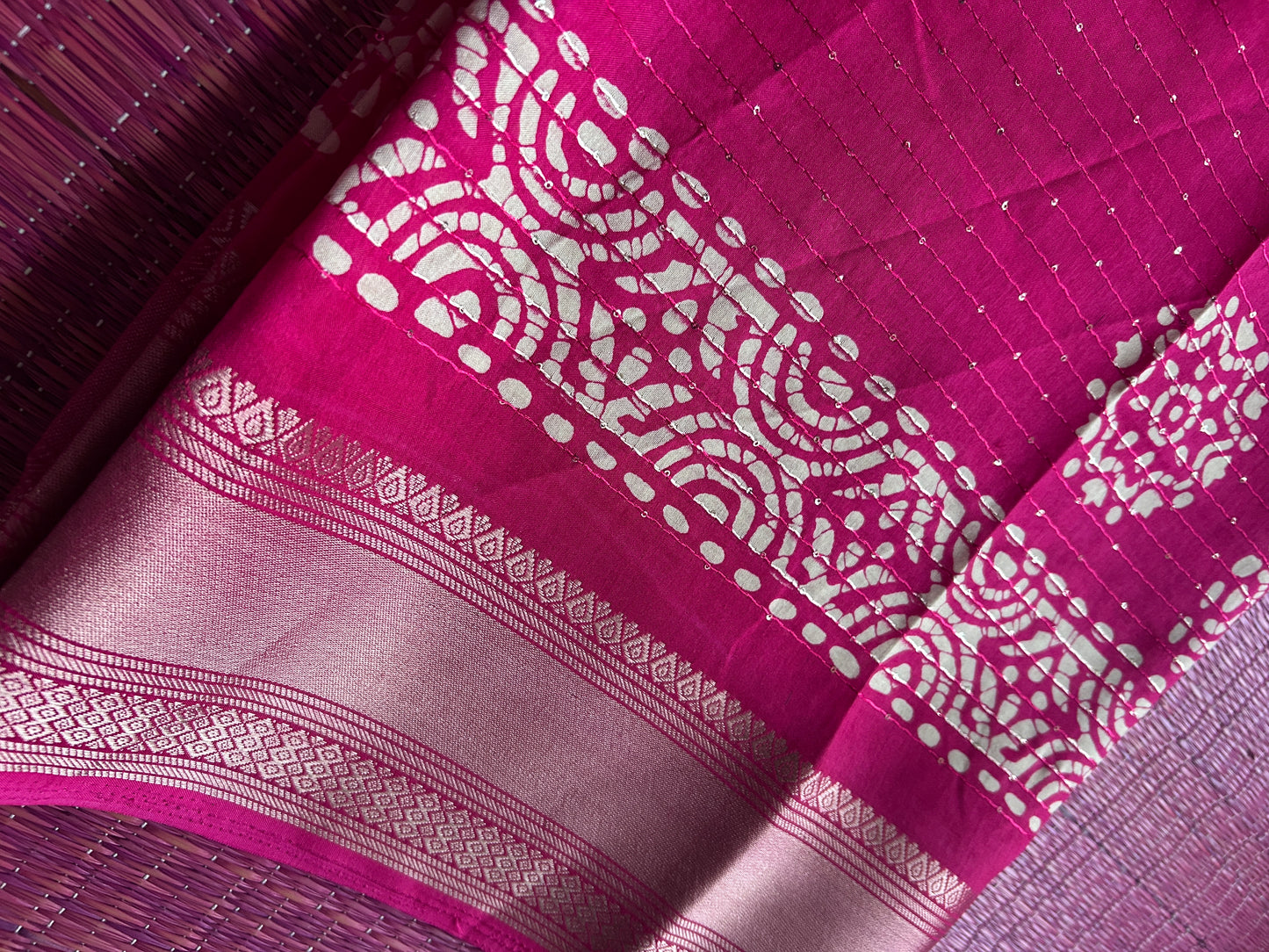 Batik Printed Saree with Kantha Work, Sequins & Zari Border | Mriksha Sarees
