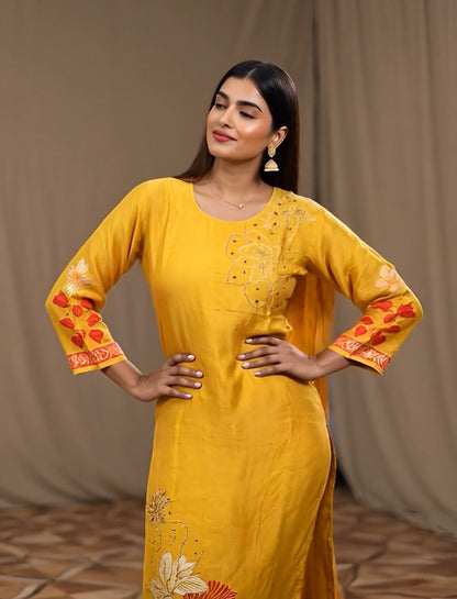 Yellow Muslin Salwar Suit with Printed Dupatta | Threads & Twirls
