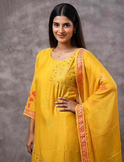 Yellow Muslin Salwar Suit with Printed Dupatta | Threads & Twirls