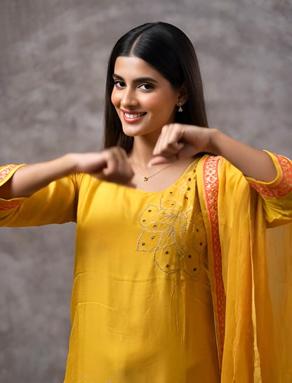 Yellow Muslin Salwar Suit with Printed Dupatta | Threads & Twirls
