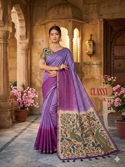 Silk Cotton Kalamkari & Checks Saree with Floral Printed Blouse – Tri-Gradient Shades (Pink, Violet, Blue)