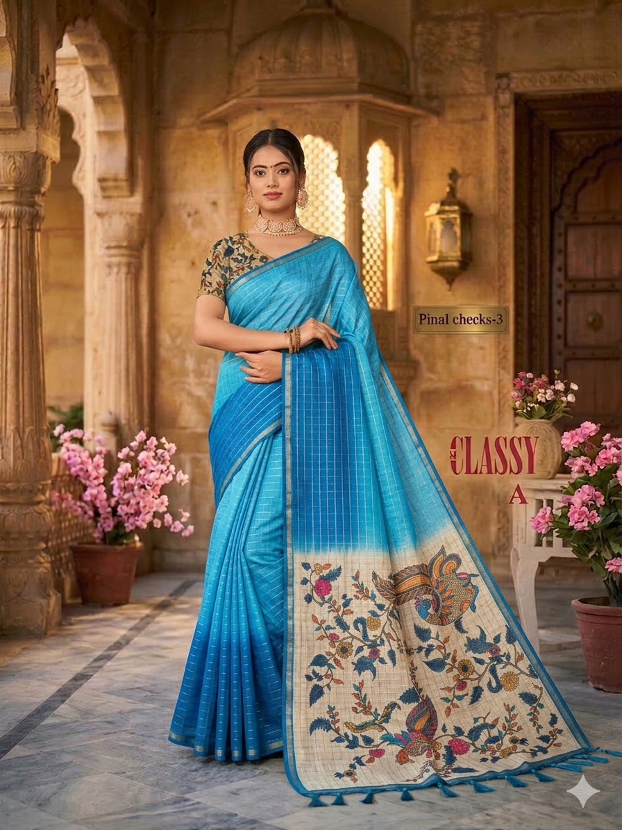 Silk Cotton Kalamkari & Checks Saree with Floral Printed Blouse – Tri-Gradient Shades (Pink, Violet, Blue)