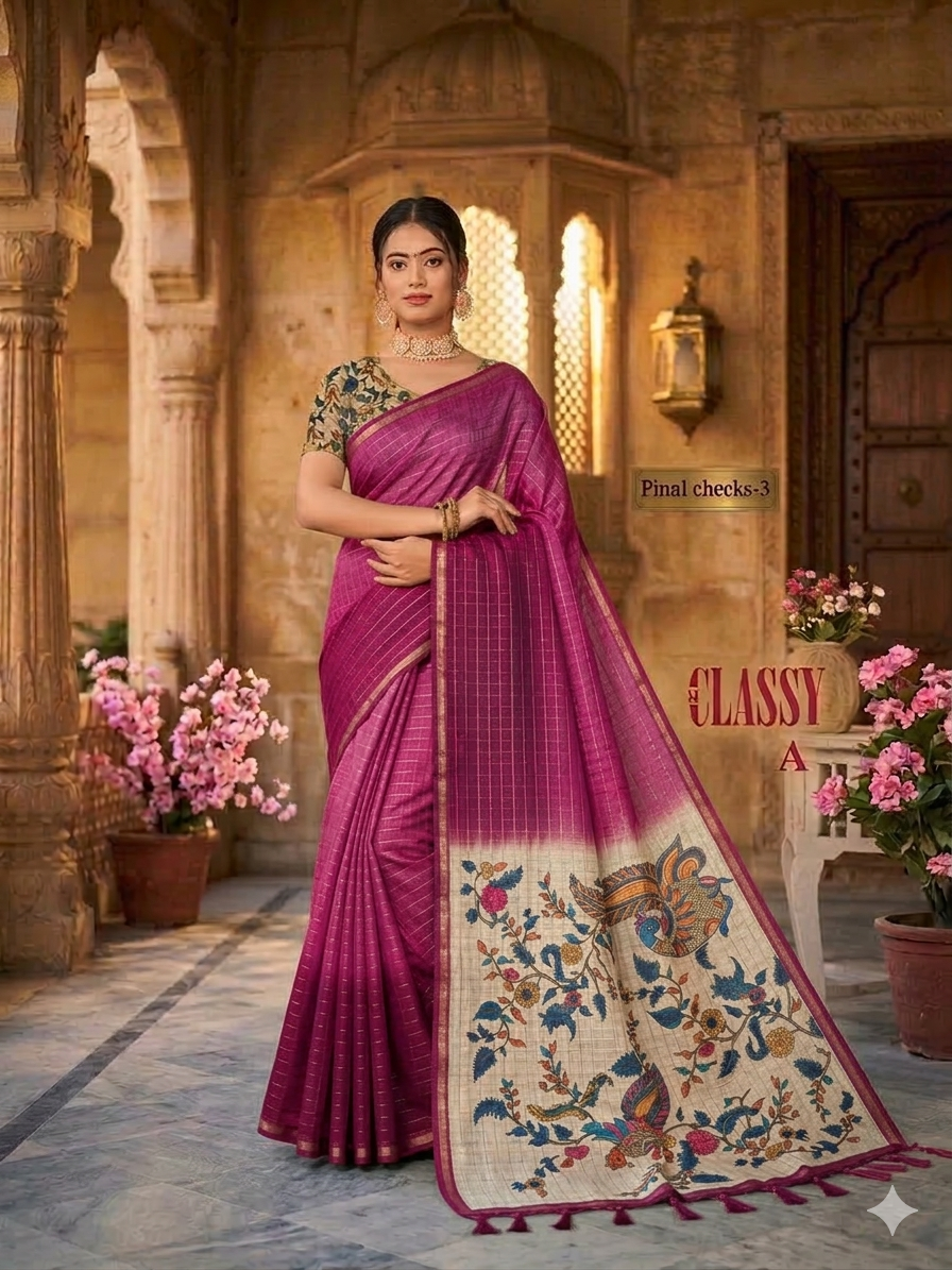 Silk Cotton Kalamkari & Checks Saree with Floral Printed Blouse – Tri-Gradient Shades (Pink, Violet, Blue)